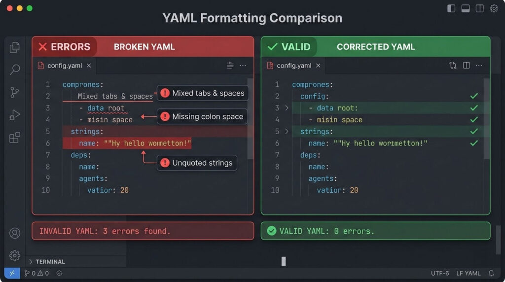 Common YAML errors before and after correction using a YAML formatter