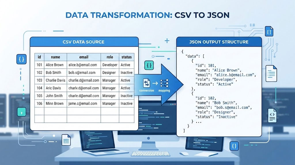 CSV to JSON converter online tool interface showing paste-and-convert workflow