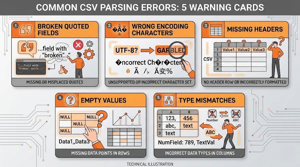 Common mistakes when converting CSV to JSON including encoding issues and quoted field errors