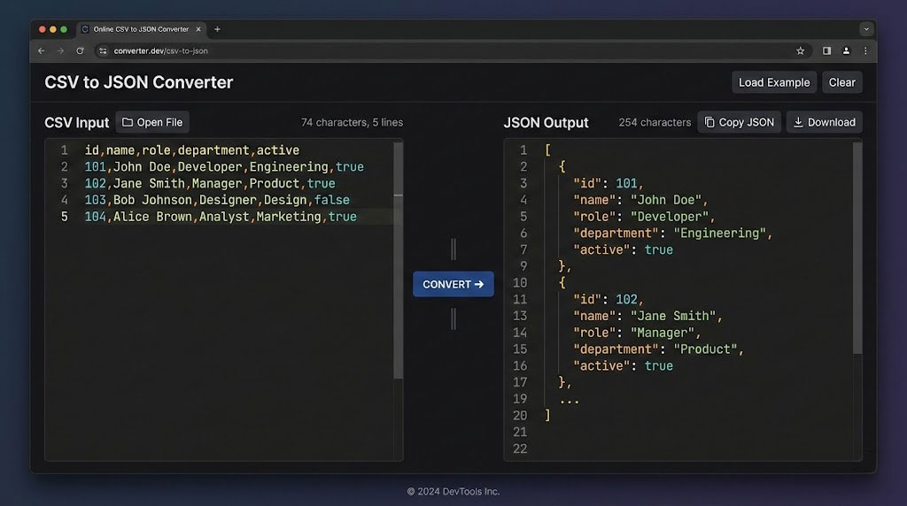 CSV to JSON converter online tool interface showing paste-and-convert workflow