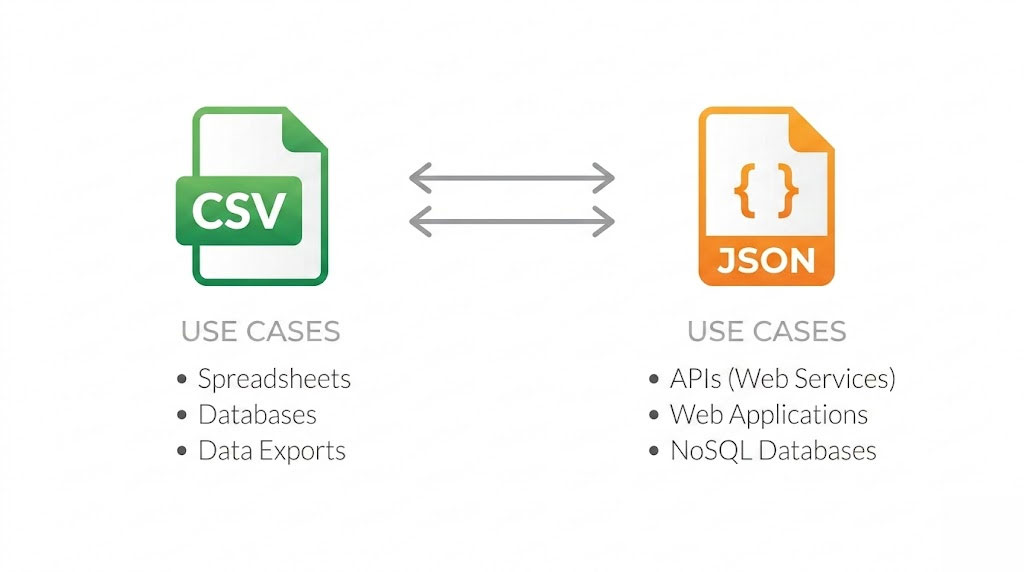 CSV vs JSON format comparison showing primary use cases for each data format