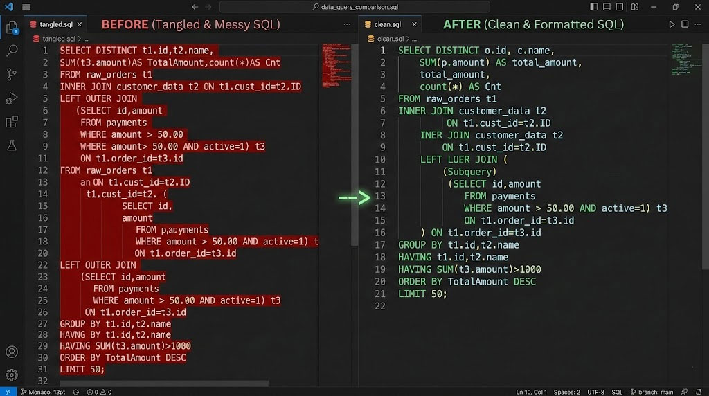 Before and after example of formatted SQL queries