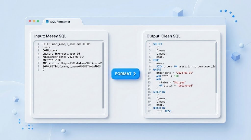 Online SQL formatter tool showing instant query formatting