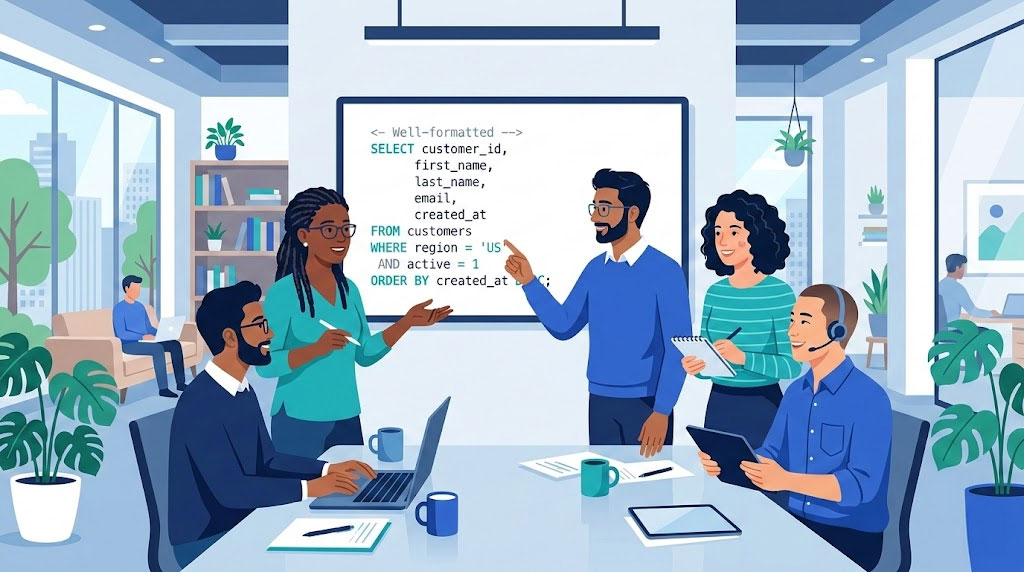 Team code review with properly formatted SQL queries