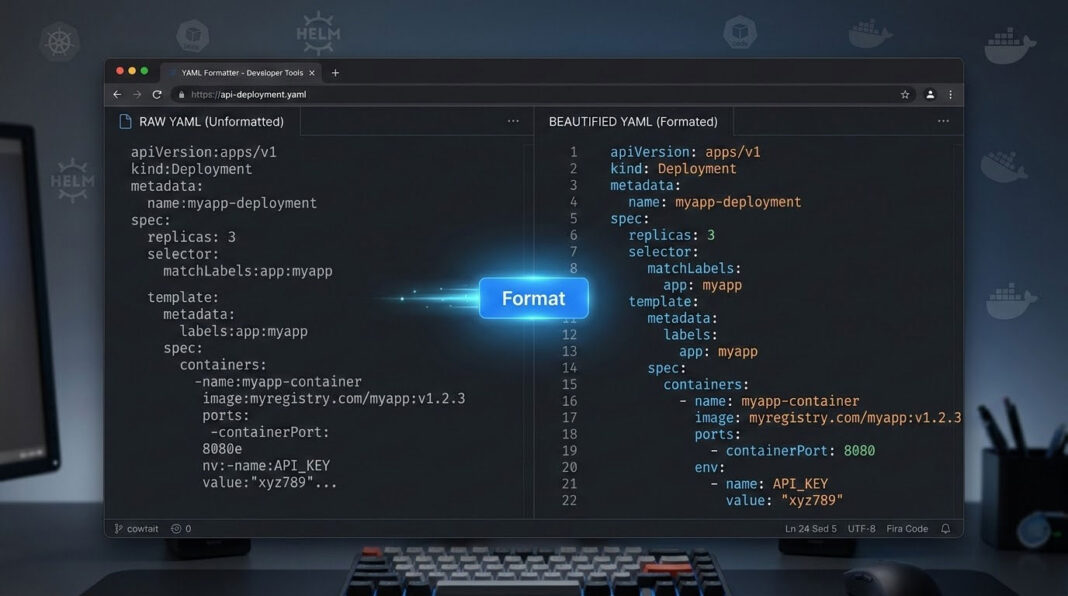 yaml-formatter-online-tool-featured Online YAML formatter tool showing before and after YAML formatting in a browser interface