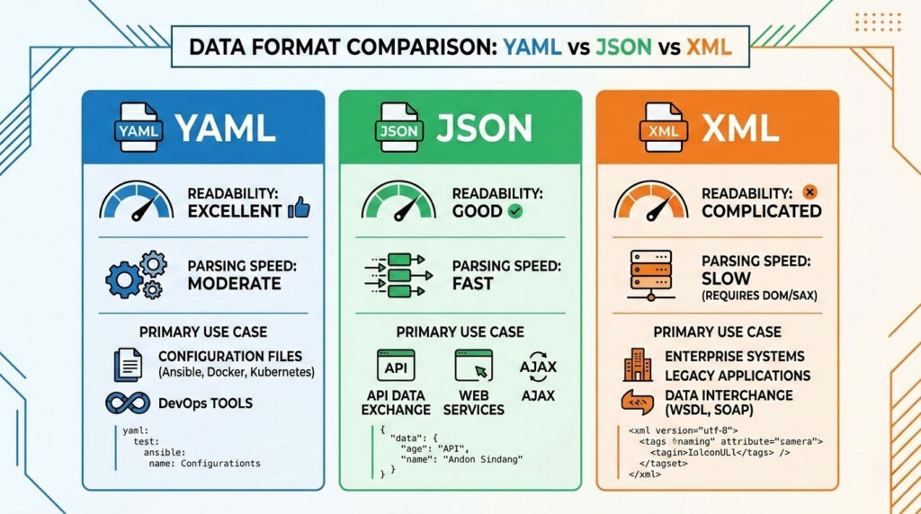 YAML vs JSON vs XML comparison infographic showing use cases and key differences