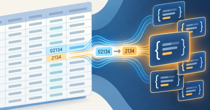 Conceptual illustration of CSV to JSON leading zeros lost through auto types conversion, showing a ZIP code changing from 02134 to 2134