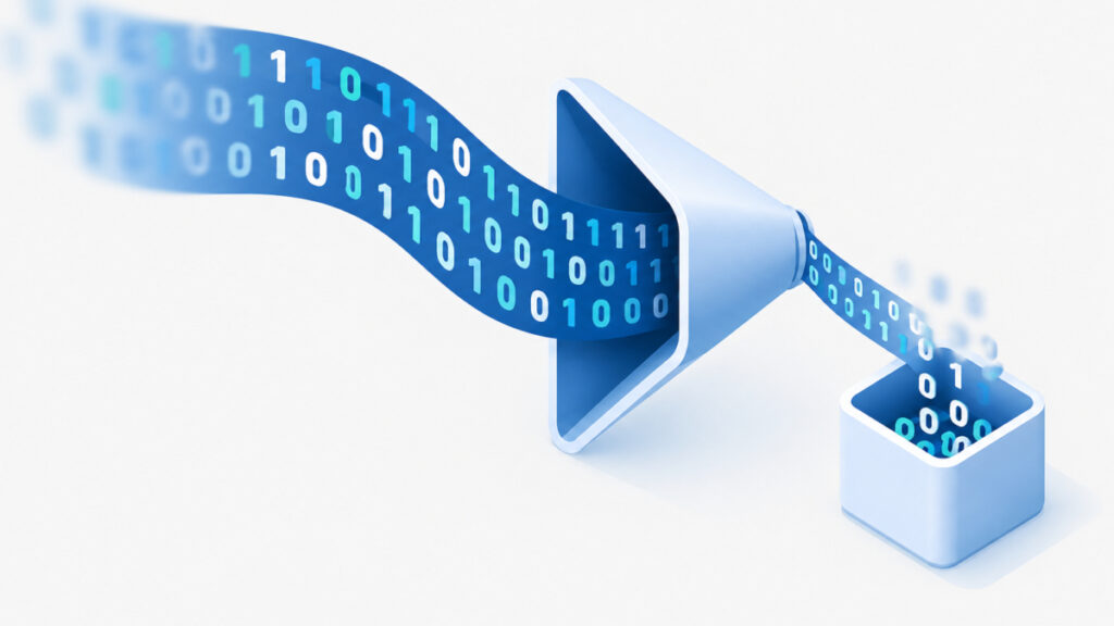 Long ribbon of digits squeezed through a narrow gate into a small container