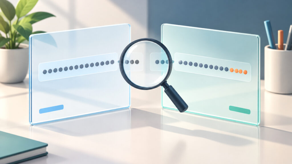 Two glass panels compared under a magnifying glass to spot a changed digit