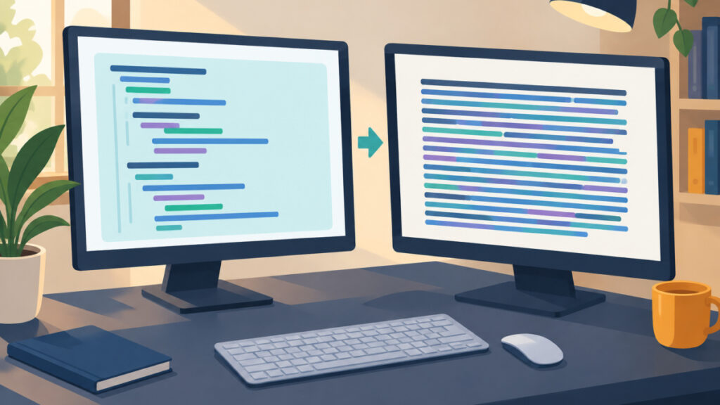Two monitors showing the same abstract code lines, one indented and one flattened, illustrating how a Quill code block loses formatting in CMS pages