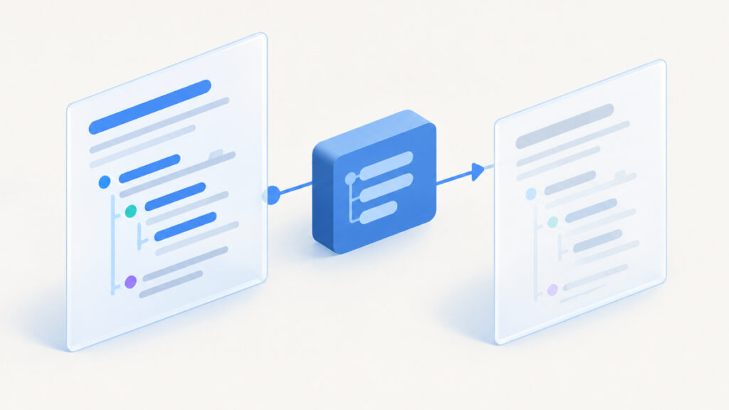 Three cards in sequence showing indented code lines fading, representing a step-by-step handoff test from editor to CMS
