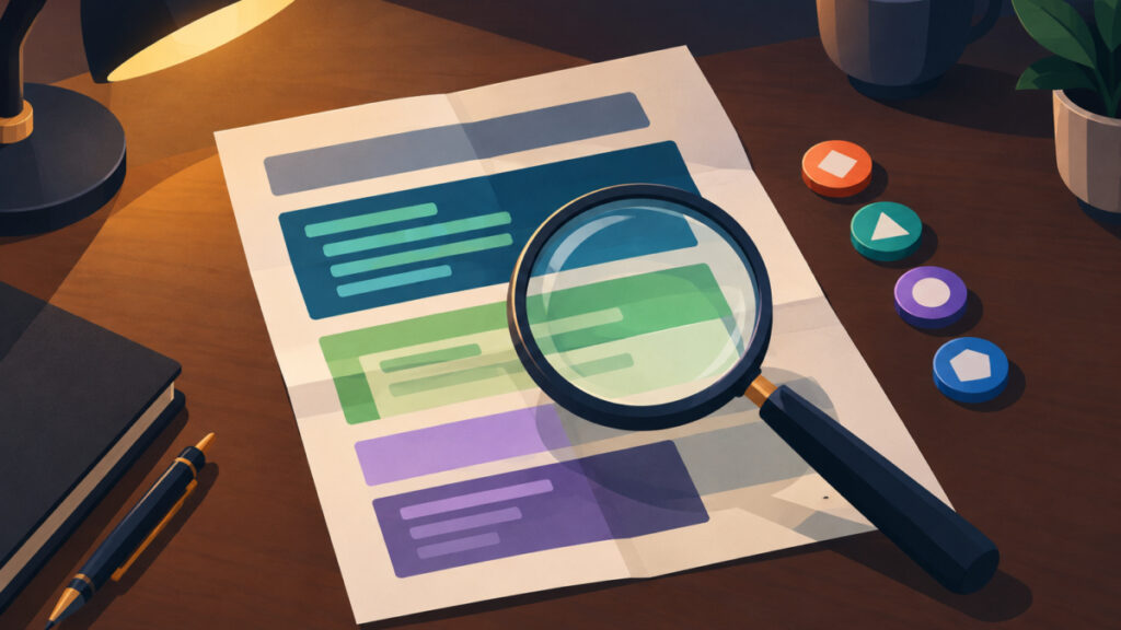 Magnifying glass over layered abstract blocks representing diagnosing whether a Quill code block loses formatting in a CMS from missing CSS or stripped markup