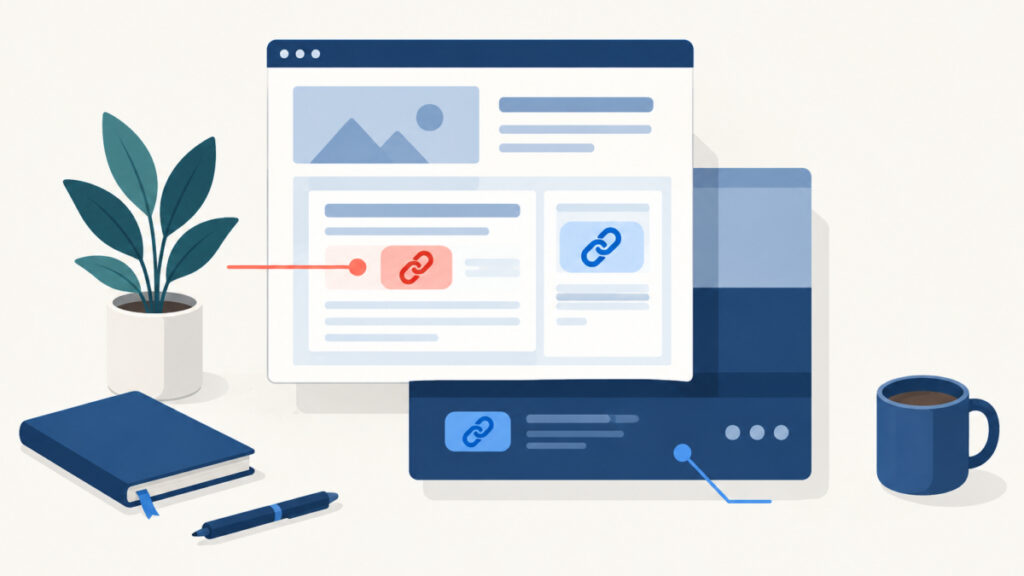 Abstract page layout with one red link and one blue link representing two competing CSS rules