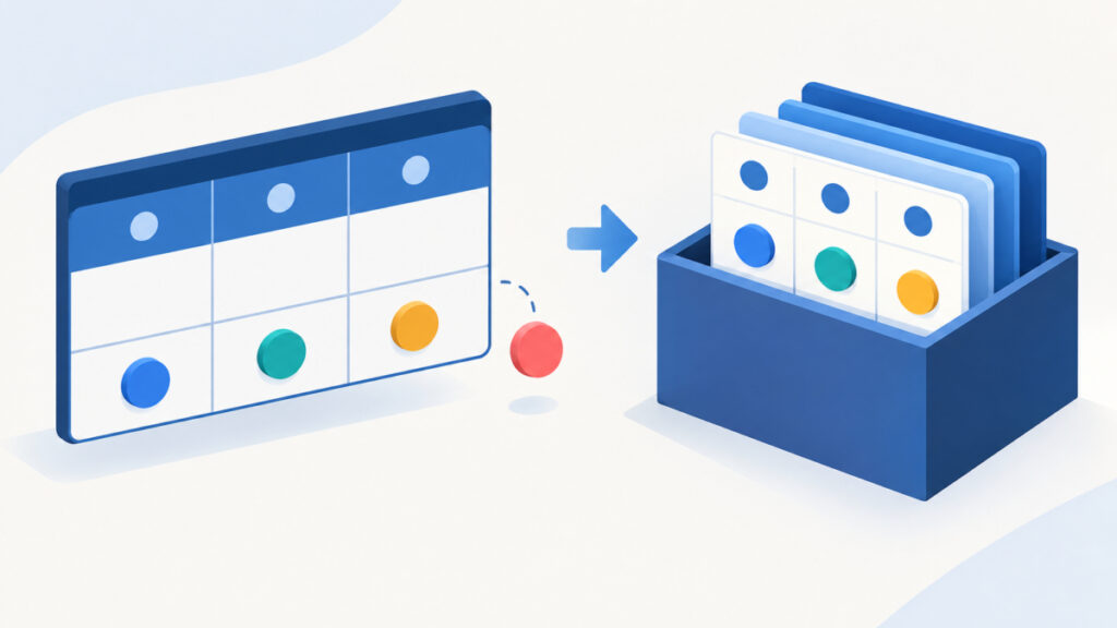Conceptual illustration of a table with three columns and a row holding four tokens, the last one falling outside the table