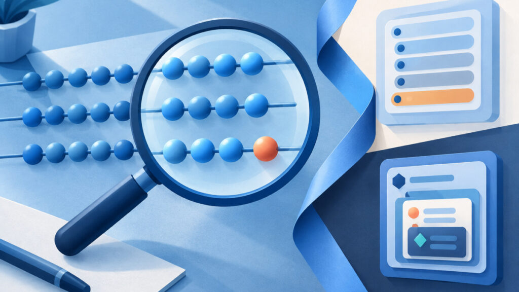 Conceptual illustration of a magnifying glass inspecting rows of beads where one row has an extra bead, representing a field count check