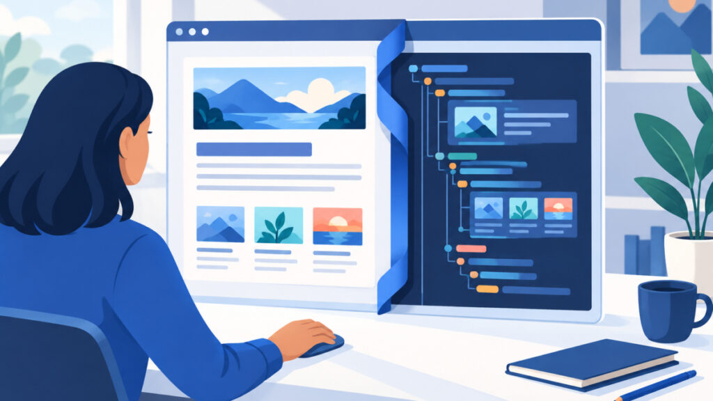Marketer drafting newsletter copy in a browser-based html email editor with a source view beside it