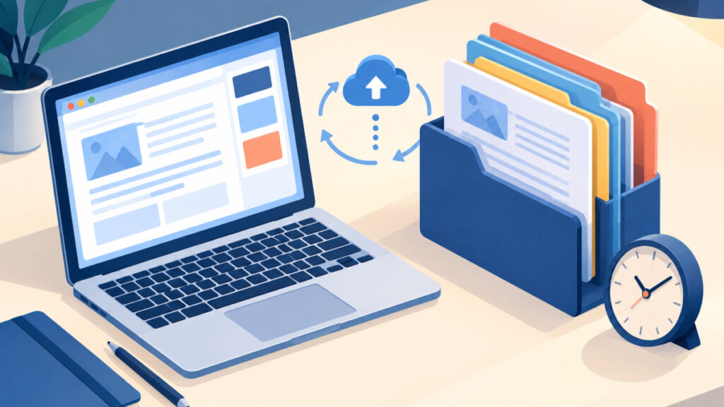 Laptop and a folder of dated files representing saving an email draft from a browser editor