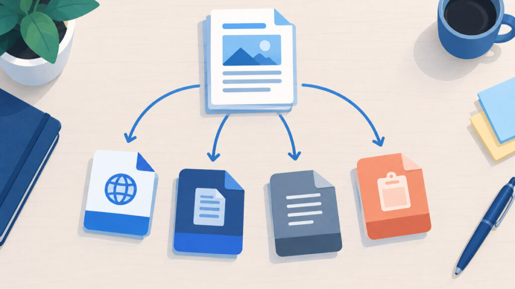 One draft splitting into separate export files for HTML, Word and plain text