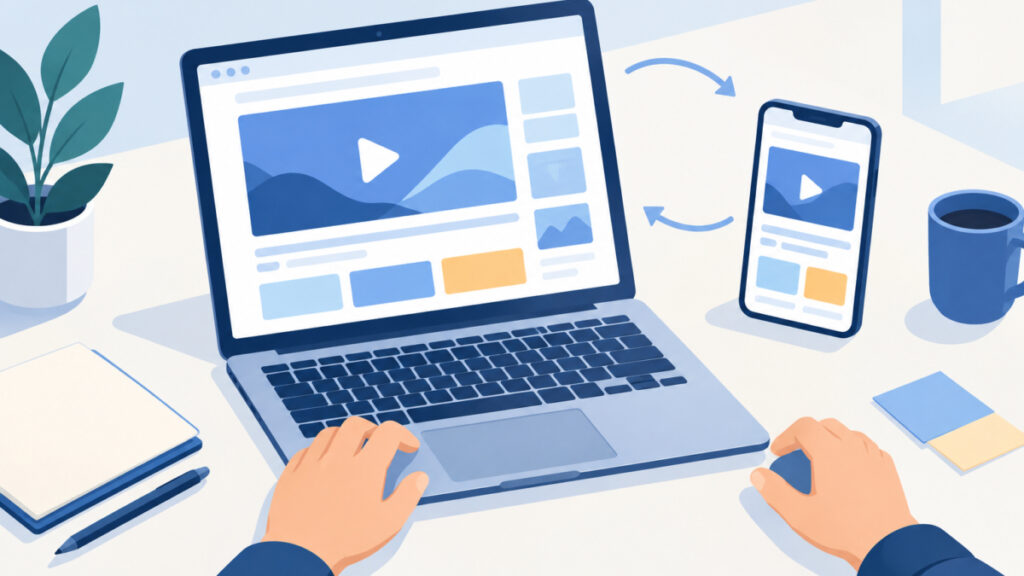 Illustration of a developer adding a video block in a visual editor before exporting the markup
