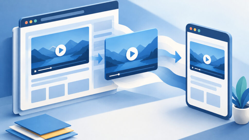 Illustration of a code editor and phone preview showing a video tile that fits both widths