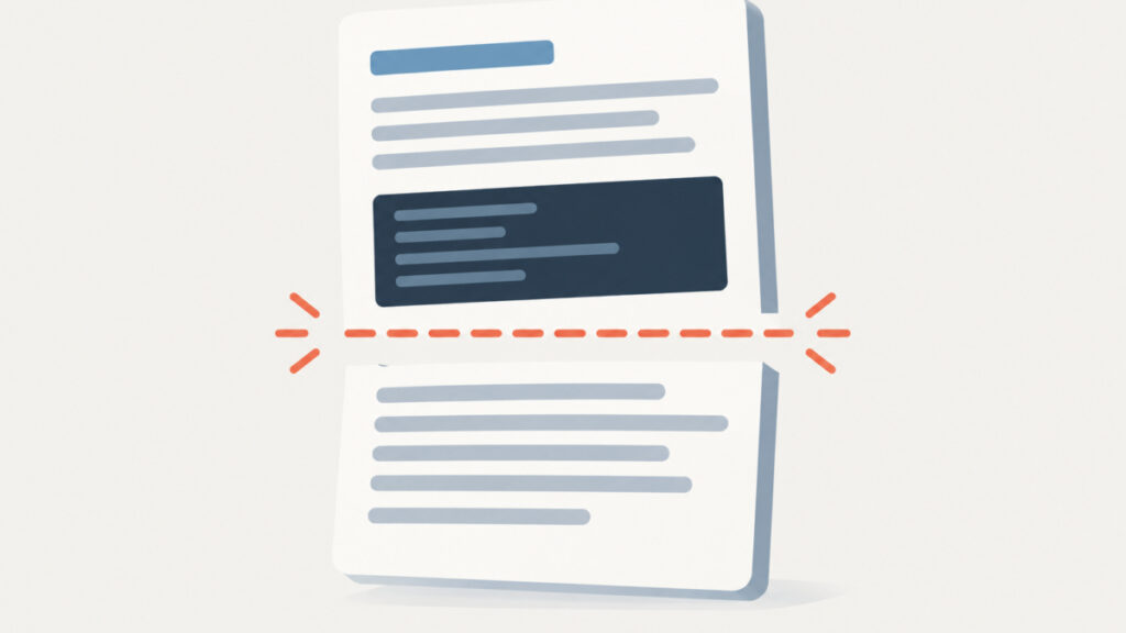 Illustration of a README document splitting apart because a markdown code block contains triple backticks that close it early