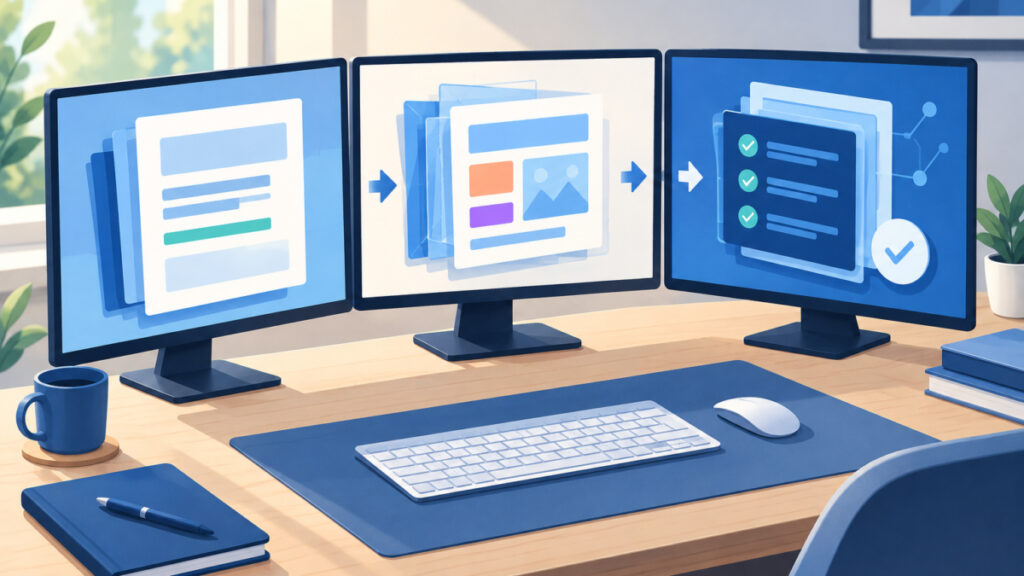 Three separate screens on a desk representing the drafting, converting and testing steps of a markdown javascript editor workflow