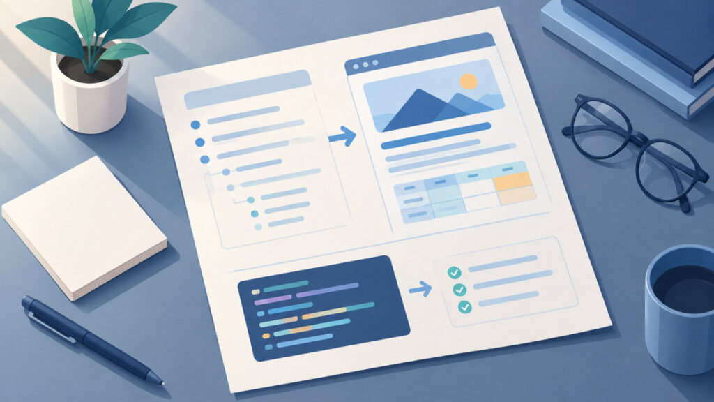 Formatted document preview with headings, lists and a table representing a rich text preview of Markdown