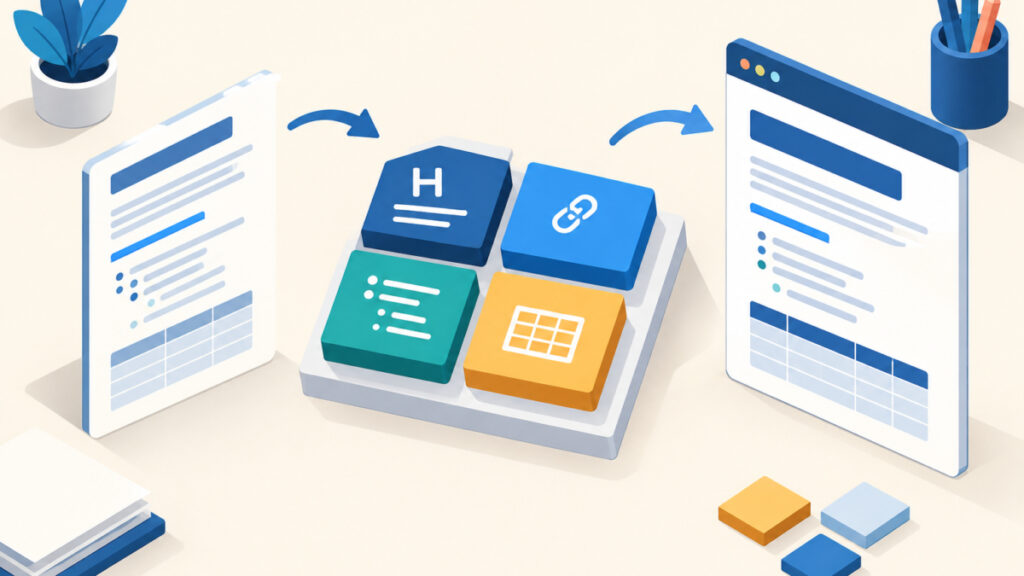 Conceptual test kit of document building blocks used to check a Markdown conversion
