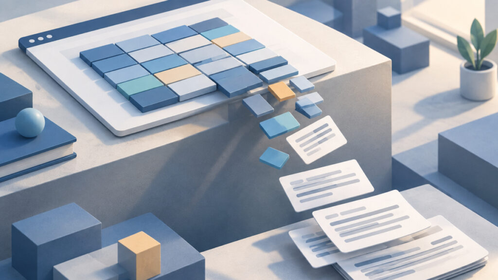 Illustration of a grid of tiles losing its shape as it moves into a simple rich-text writing surface