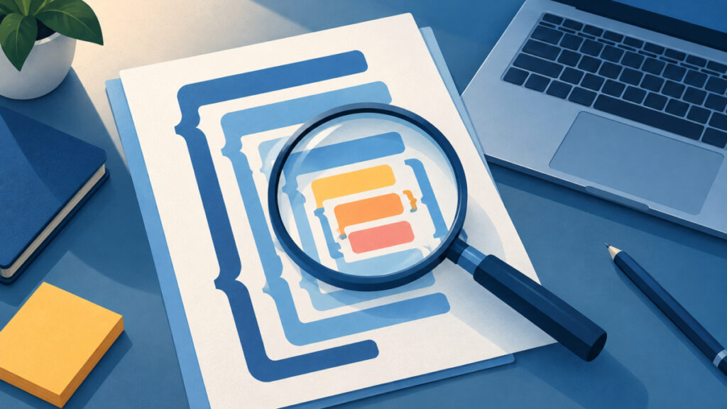 Magnifying glass over printed markup shapes beside a laptop, representing a source check of a pasted table