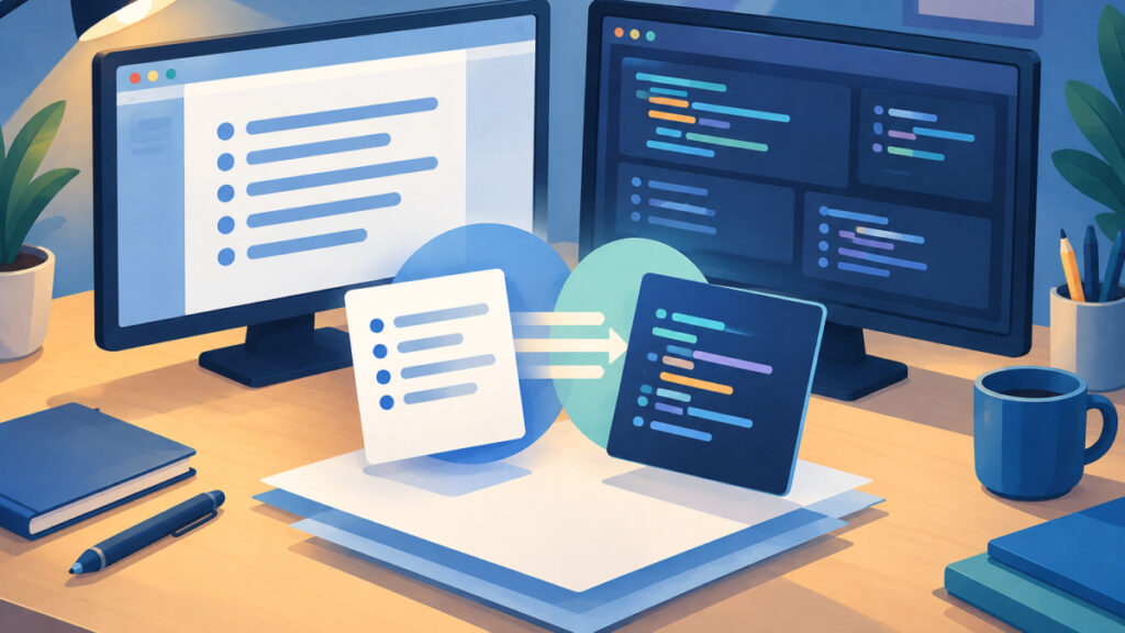 Developer comparing a visual editor list with its exported markup on two monitors
