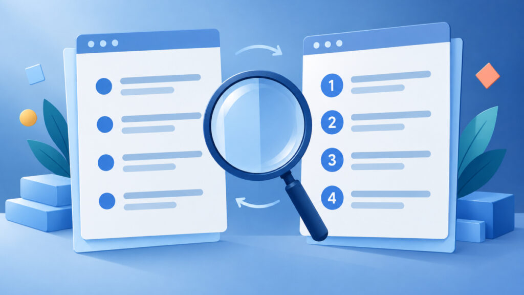 Two document panels compared under a magnifying glass to find why a CMS list shows numbers