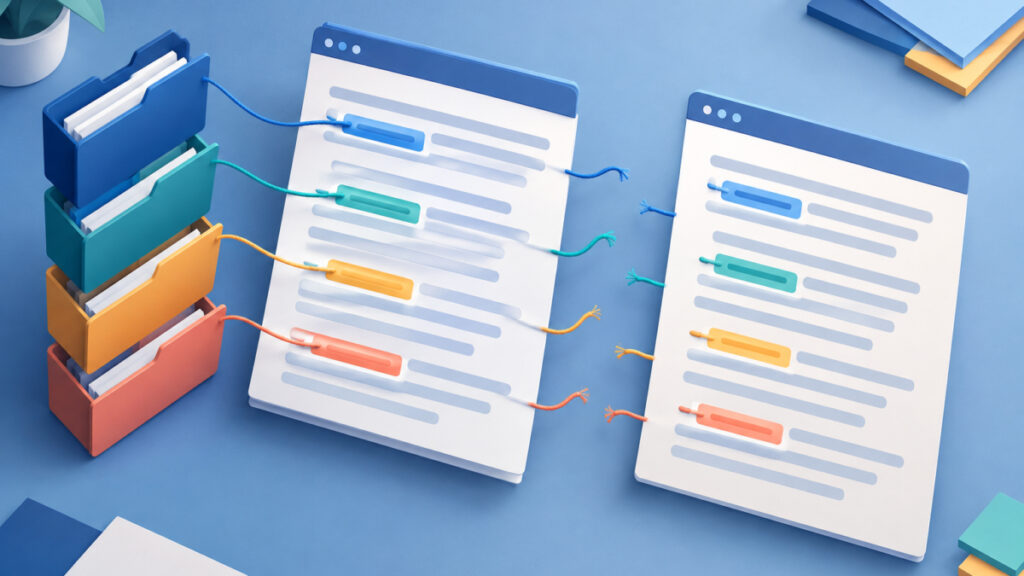 Illustration of linked phrases tied to repository folders and then detached on a separate blank document page