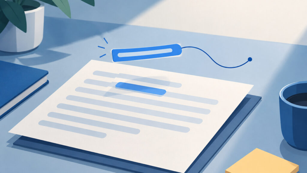 Illustration of a highlighted word whose connecting cord ends in empty space, representing link text without a destination