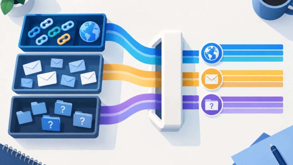 Illustration of link types sorted into trays for web addresses, email addresses and folder paths