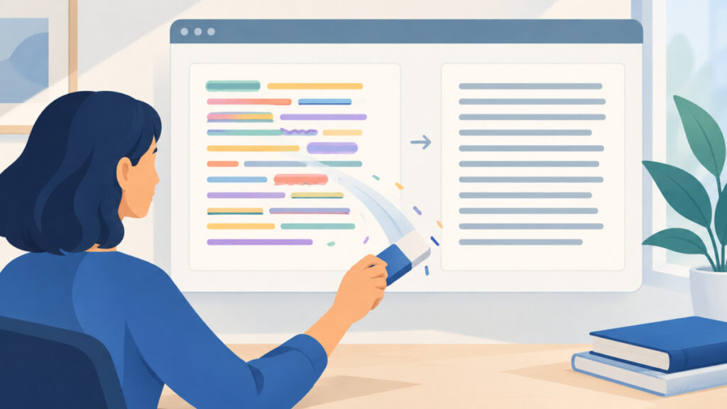 Illustration of colorful pasted text being cleaned into uniform text in a visual editor