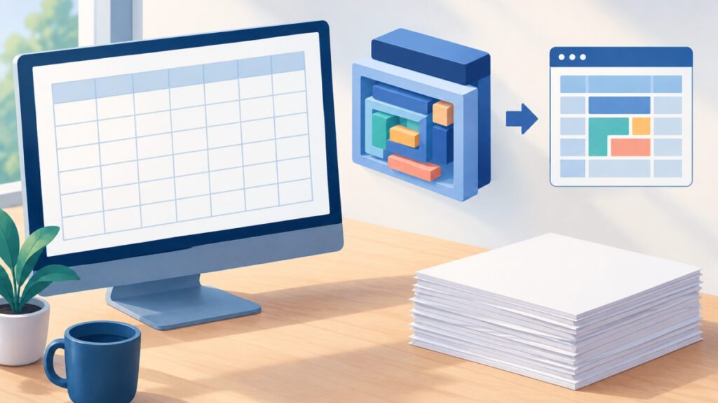 Illustration of a blank spreadsheet-style grid beside paper sheets, representing a table HTML generator