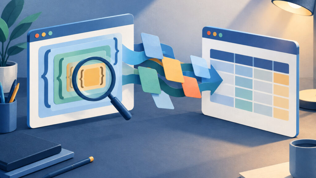 Illustration of a magnifying glass examining structured data blocks on a monitor