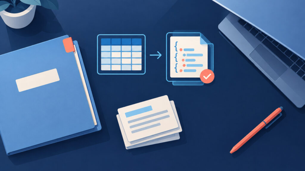 Illustration of an organised folder and document cards representing a saved working copy of JSON data
