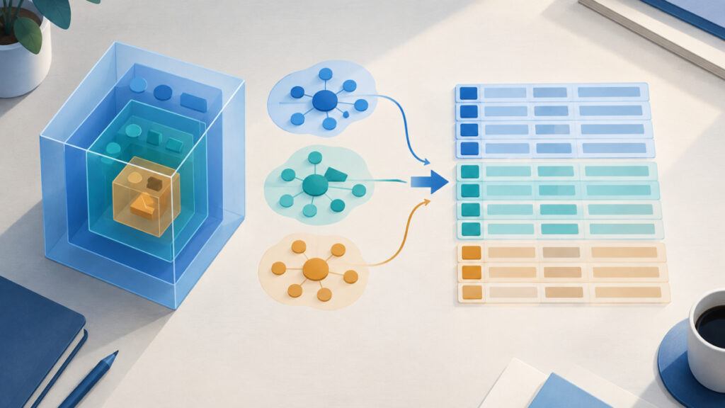 Illustration of nested containers being sorted into tidy rows to transform JSON to CSV