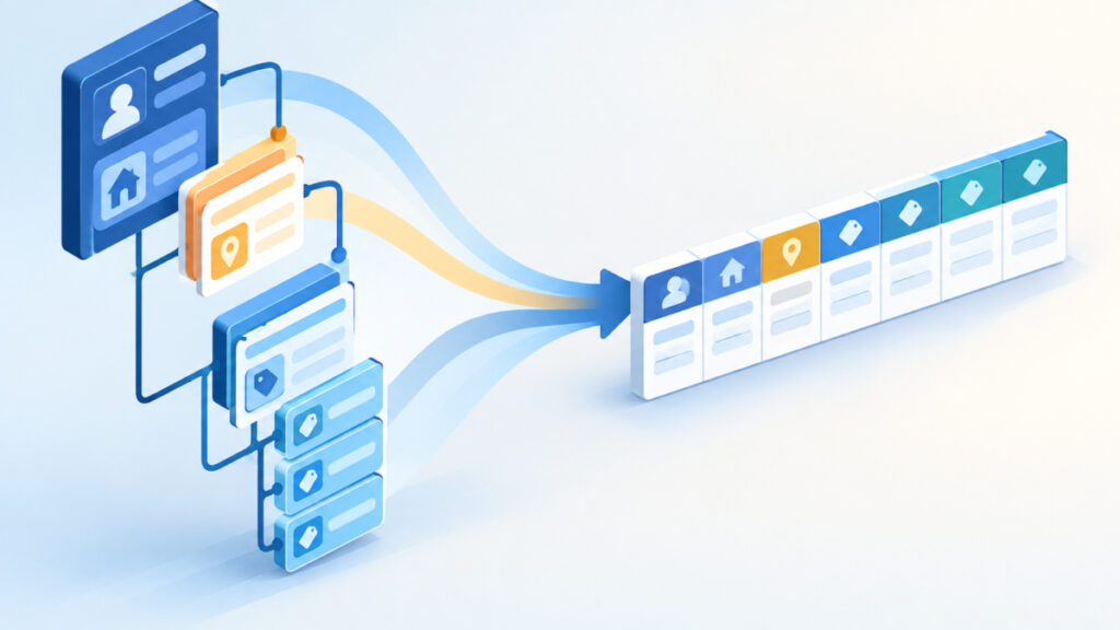 Branching nested data flattening into a single row of columns
