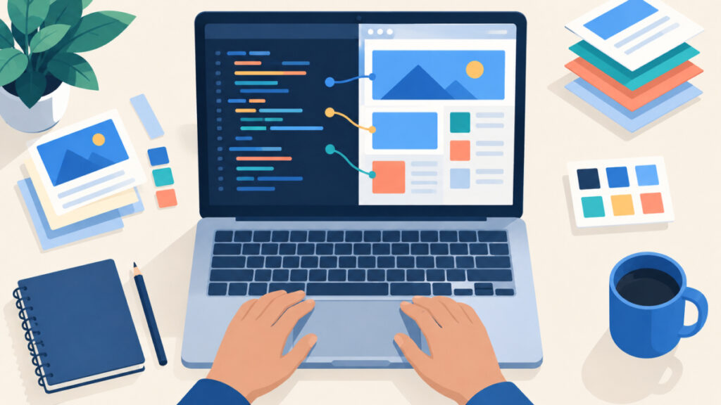 Illustration of a laptop with code on one side and a styled page preview on the other, representing a visual CSS editor
