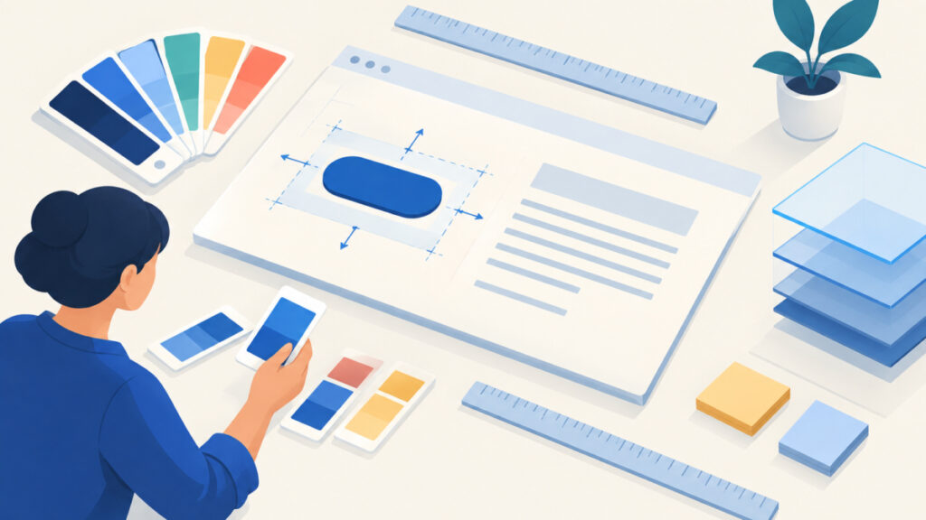 Illustration of color swatches, spacing guides and a button shape representing colors, padding and typography experiments