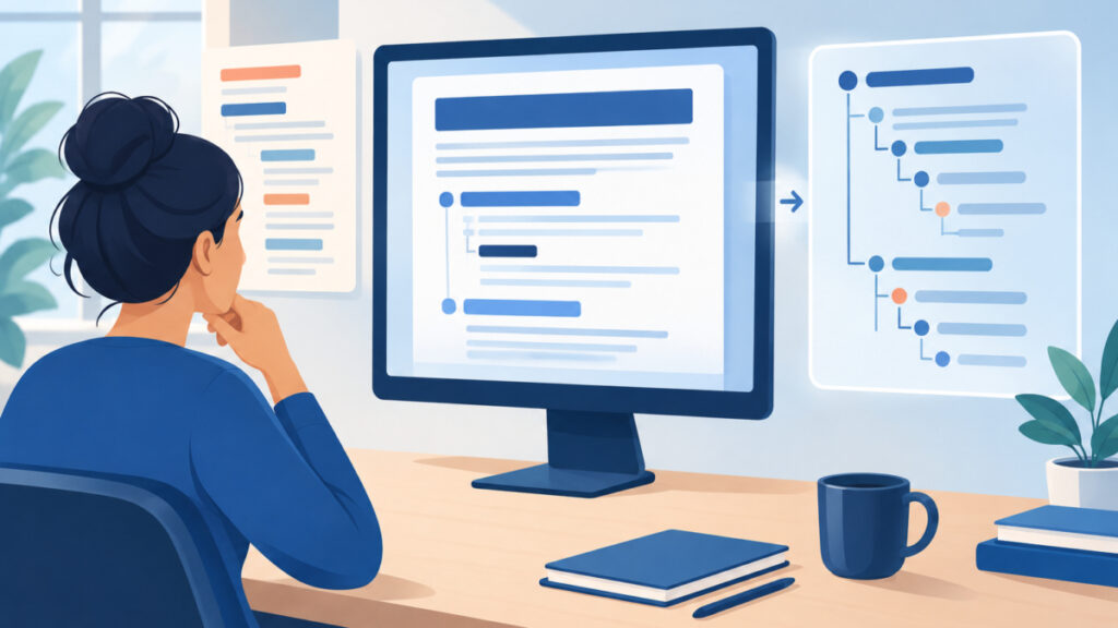 Writer comparing a neat-looking article page with the hidden outline structure behind it