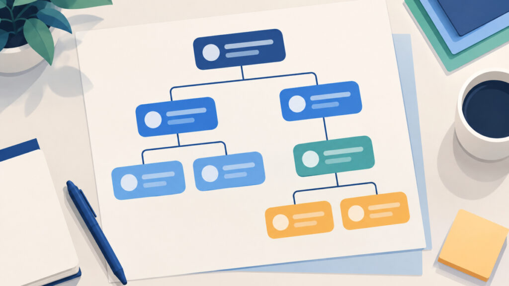 Branching parent and child cards illustrating how subheadings relate to their parent sections