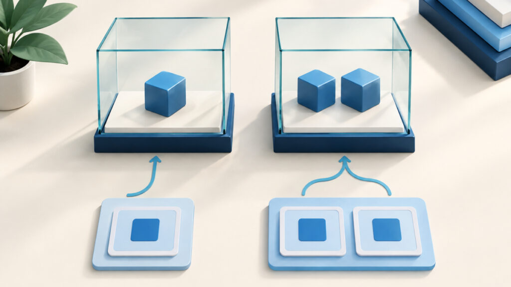 Illustration of two display cases, one holding a single item and one holding two, comparing one-item and two-item XML conversions
