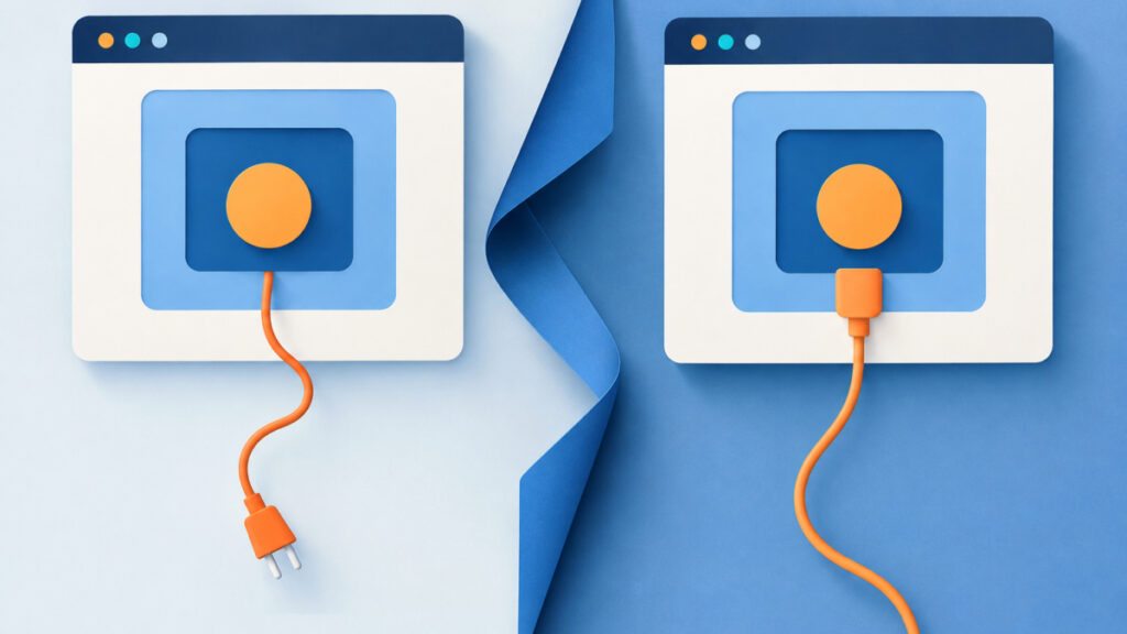 Two panels contrasting an unplugged connection and a connected one to illustrate a missing and a present namespace declaration